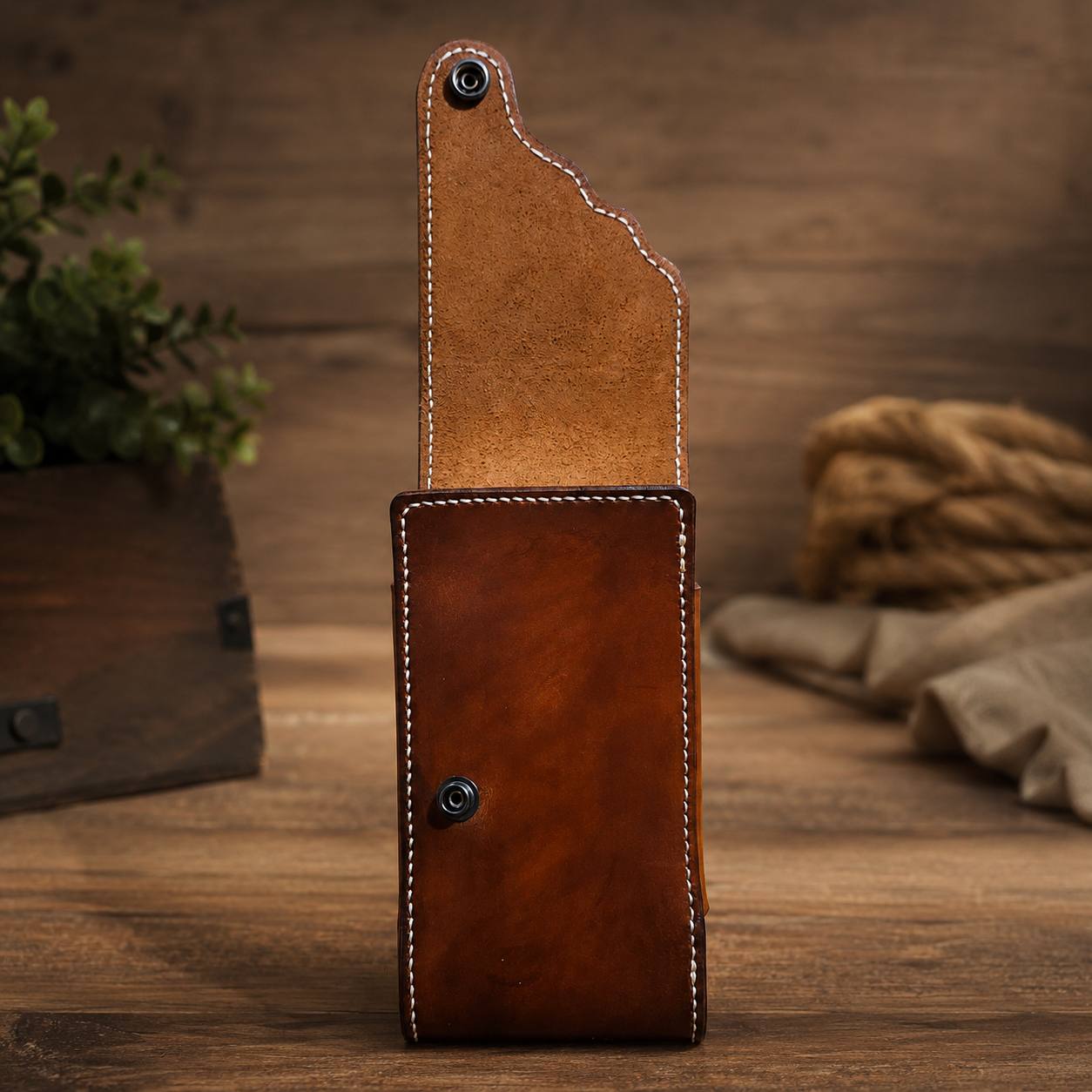 Brown leather drum stick holder.
