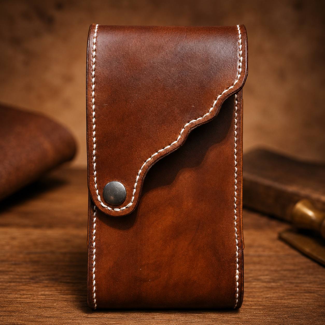 Brown leather drum stick holder with snap flap.