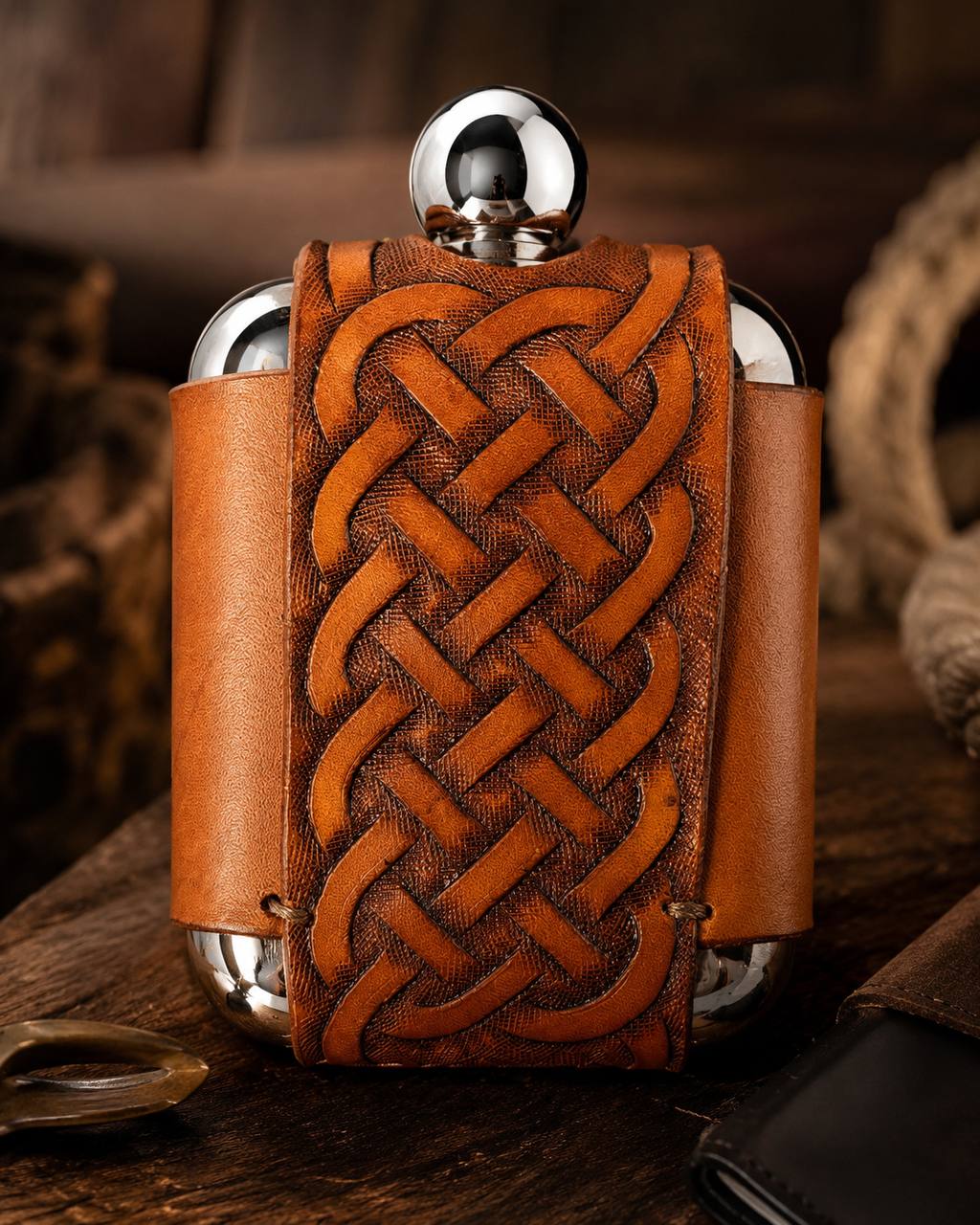 Leather flask holder with Celtic tooling.