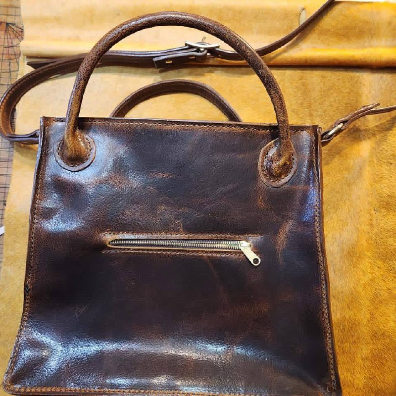 Handmade dark brown leather handbag with zipper pocket